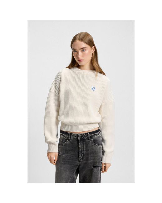 HUGO White Relaxed-Fit Sweater With Happy Patch