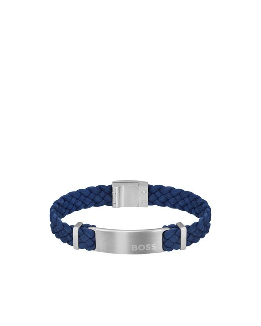 Boss Blue Suede Braided Cuff With Logo Plate for men