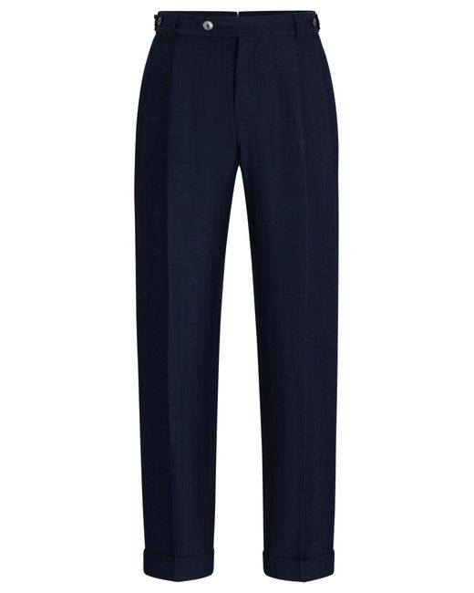 Boss Blue Relaxed-fit Trousers In Herringbone Virgin Wool And Linen for men