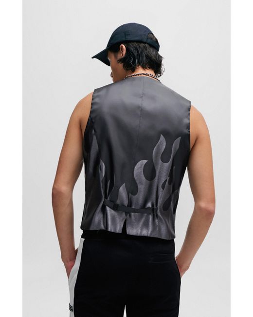 HUGO Black Extra-slim-fit Waistcoat With Flame Artwork for men