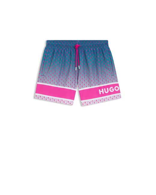 HUGO Blue Printed Swim Shorts With Stripe And Logo for men