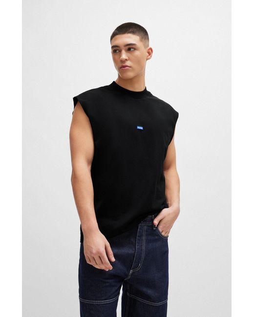 HUGO Black Sleeveless Cotton-jersey T-shirt With Blue Logo Label for men