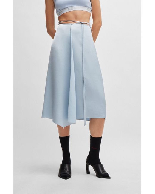 HUGO Blue Tie-waist Knee-length Wrap Skirt In Satin