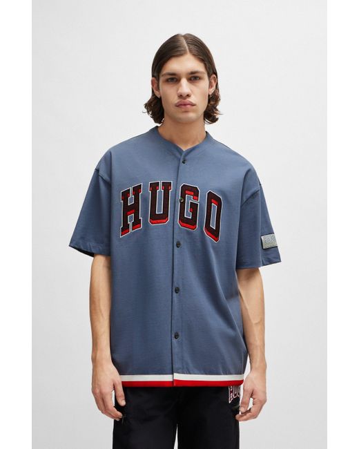 HUGO Oversized-fit Basketbalshirt Met Korte Mouwen En College-achtige Logo's in het Blue voor heren