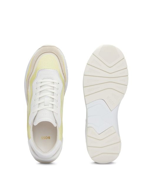 Boss White Mixed-material Lace-up Trainers With Embroidered Mesh