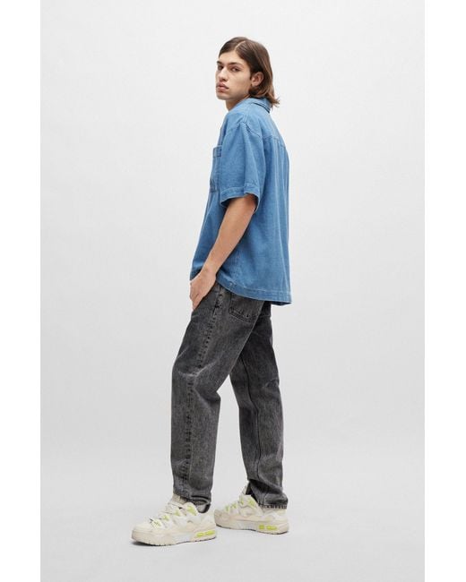 HUGO Oversized-fit Short-sleeved Shirt In Blue Cotton Denim for men