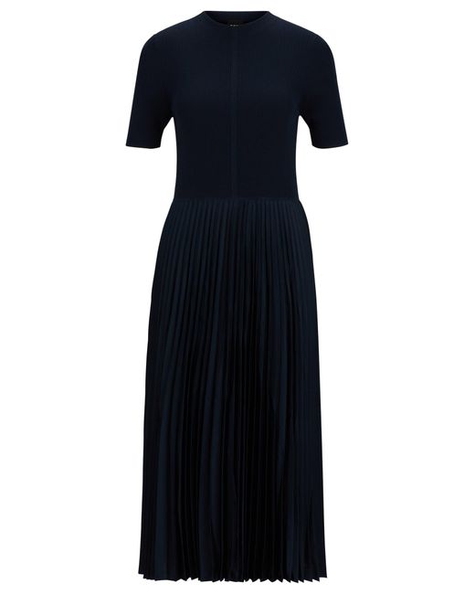 Boss Black Short-sleeved Dress With Knitted Top And Plissé Skirt