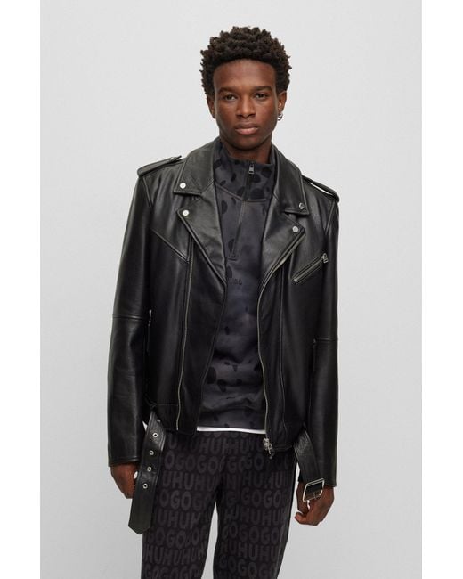 HUGO Black Slim-fit Jacket In Buffalo Leather for men