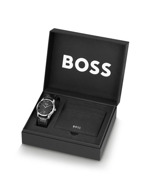 Boss Cadeauset Met Horloge Met Gestructureerde Wijzerplaat En Pasjeshouder in het Black voor heren
