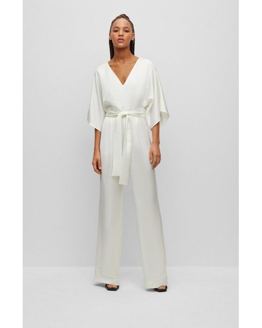 HUGO White Satin V-neck Jumpsuit With Wide Sleeves And Tie Belt