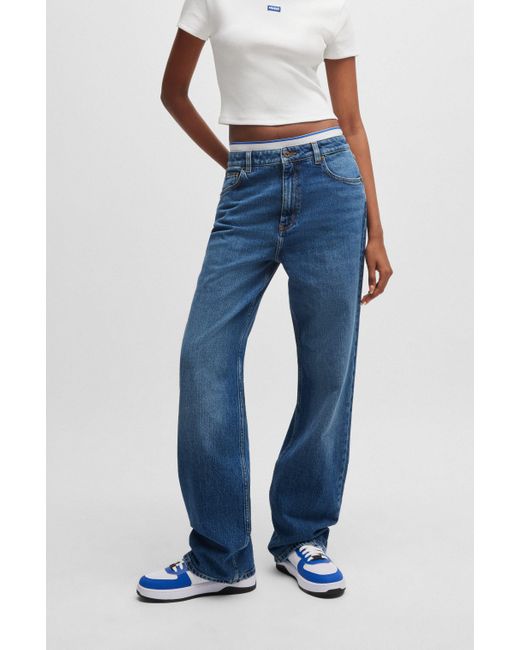 HUGO Blue Lange Straight-Fit Jeans aus blauem Stretch-Denim