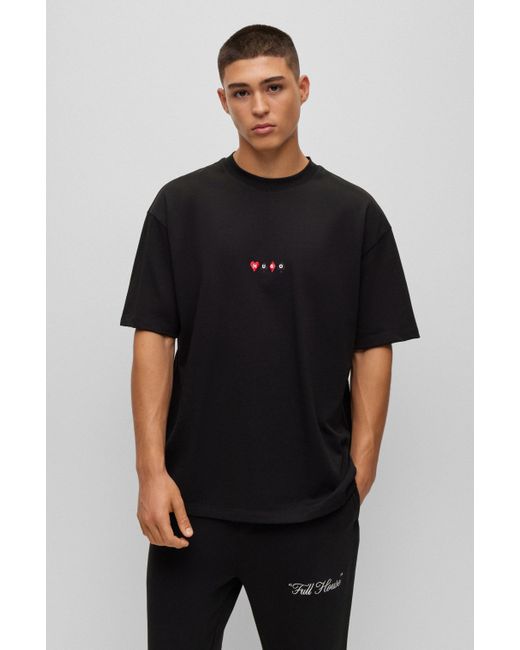 HUGO T-shirt Van Katoenen Jersey Met Speelkaartenartwork in het Black voor heren