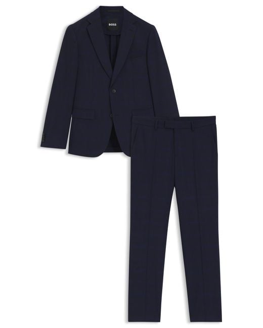 Boss Slim-Fit Pak Van Geruite, Kreukbestendige Stretchwol in het Blue voor heren