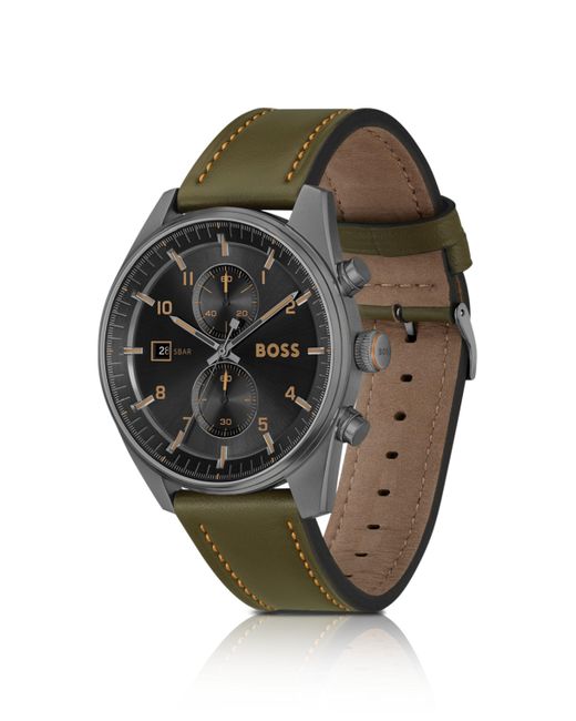 Montre chronographe avec cadran noir et bracelet en cuir vert Boss pour homme en coloris Green