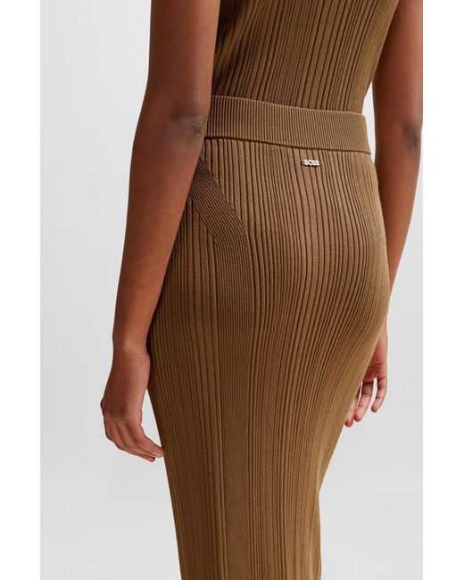 Boss Brown Knitted Pencil Skirt With Ribbed Structure
