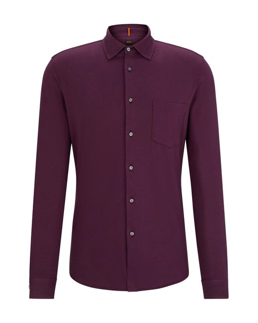 Boss Purple Garment-dyed Slim-fit Shirt In Cotton Jersey for men