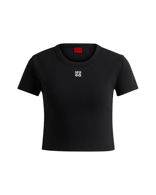 HUGO Black Cotton-blend Cropped Slim-fit T-shirt With Stacked Logo
