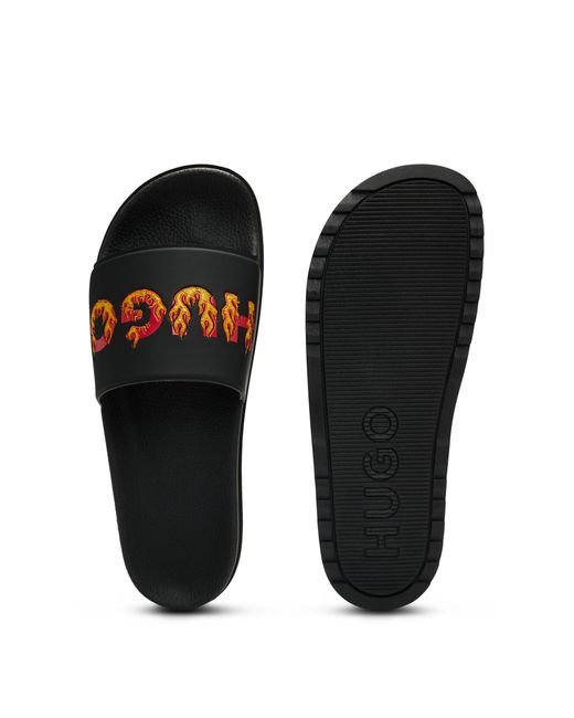 HUGO Black Slides With Embroidered Flame Logo for men