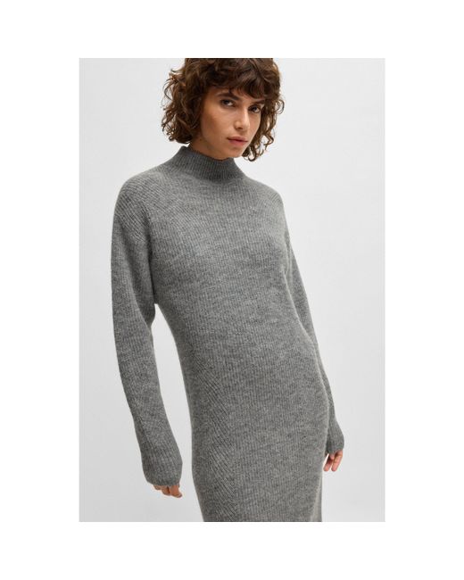 Boss Gray Long-Sleeved Relaxed-Fit Dress With Mixed Ribbing