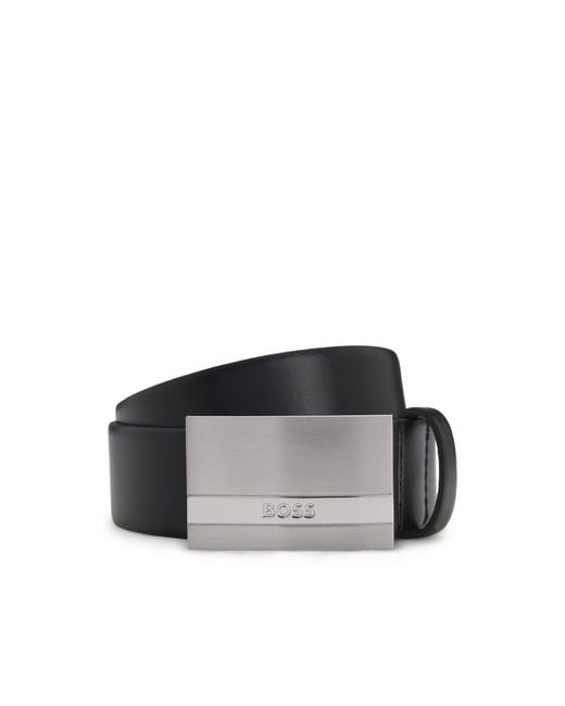 Boss Gray Italian-Made Leather Belt With Engraved Plaque Buckle for men