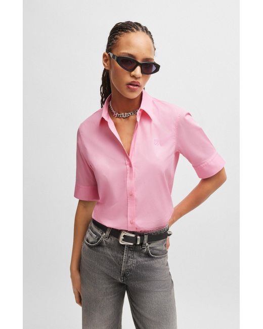 HUGO Pink Regular-fit Blouse In Stretch Cotton With Stacked Logo
