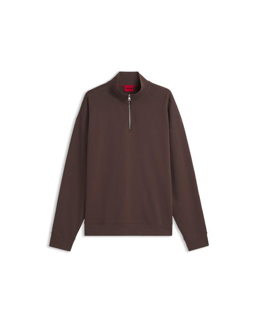 HUGO Brown Relaxed-Fit Cotton Sweatshirt With Zip Neck for men