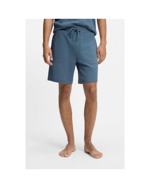 HUGO Blue Waffle-Structured Pyjama Shorts With Embroidered Logo for men