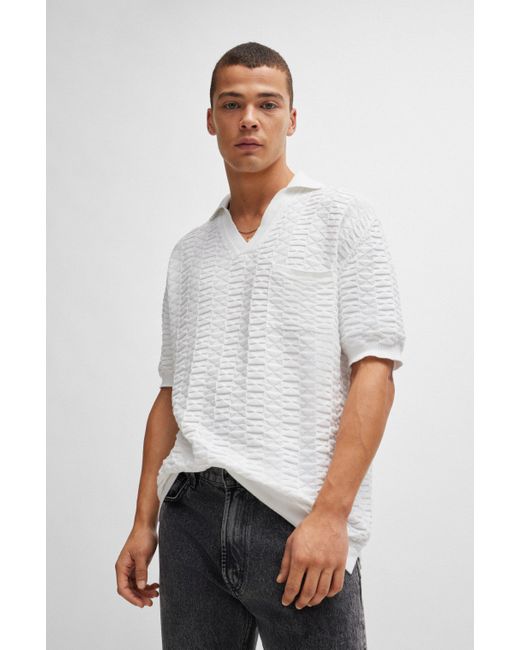 HUGO White Cotton Sweater In Knitted Jacquard With Johnny Collar for men