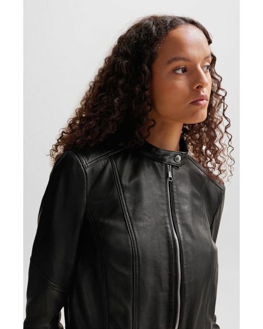 Boss Black Slim-fit Leather Jacket With Zip Closure