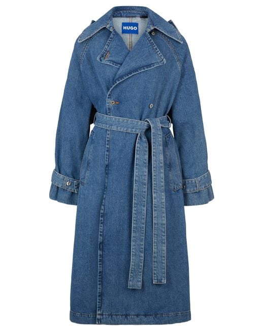 HUGO Trench Coat In Blue Denim With Branded Trims