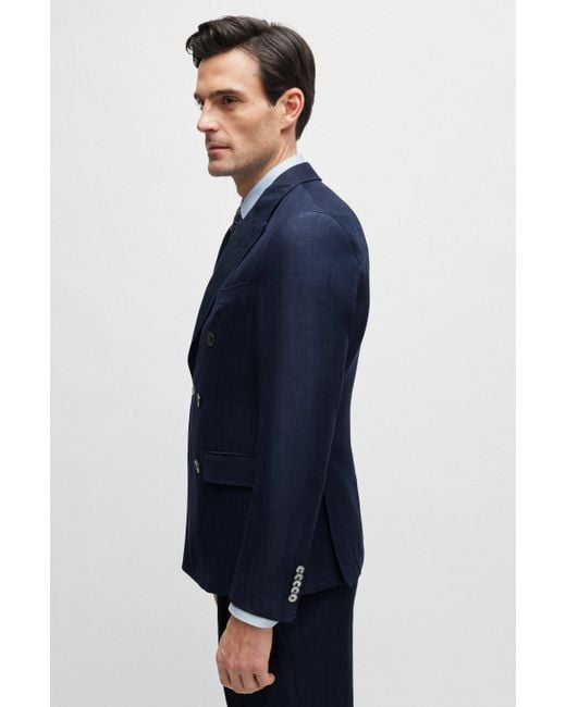 Boss Blue Slim-fit Jacket In Herringbone Virgin Wool And Linen for men