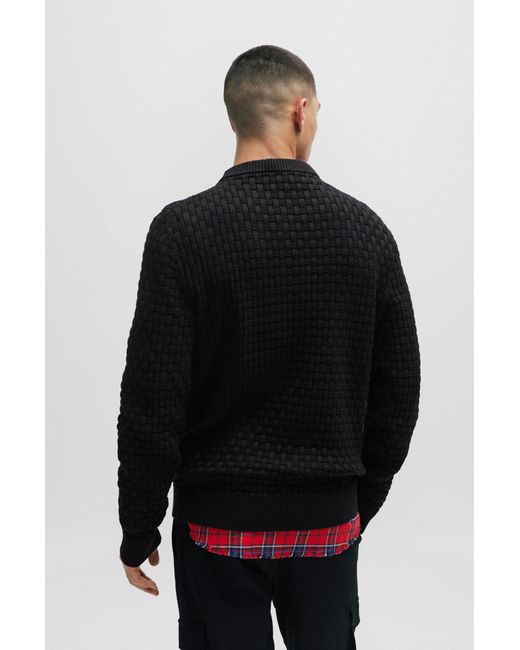 HUGO Black Relaxed-fit Pure-cotton Sweater With 3d Knitted Pattern for men