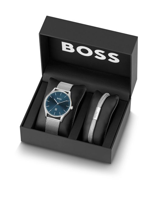 Boss Uhr und Armband aus Edelstahl in der Geschenkbox in Black für Herren