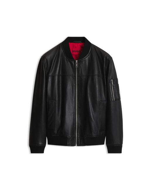 HUGO Black Nappa-Leather Bomber Jacket With Stacked-Logo Rivet for men