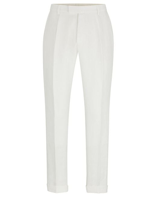 Boss White Relaxed-fit Trousers In Micro-patterned Linen for men