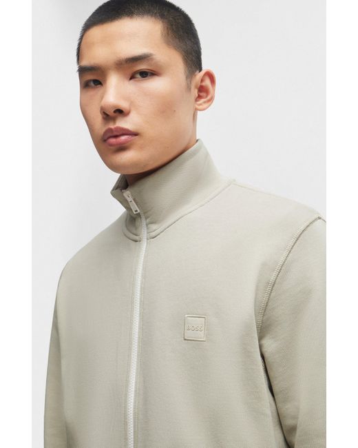 Boss White Cotton-terry Zip-up Jacket With Logo Patch for men