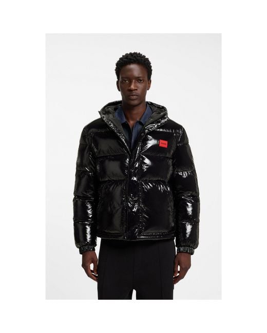 HUGO Black Water-Repellent Padded Jacket With Lacquered Finish for men