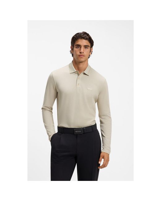 Boss White Long-Sleeved Cotton Piqué Polo Shirt for men