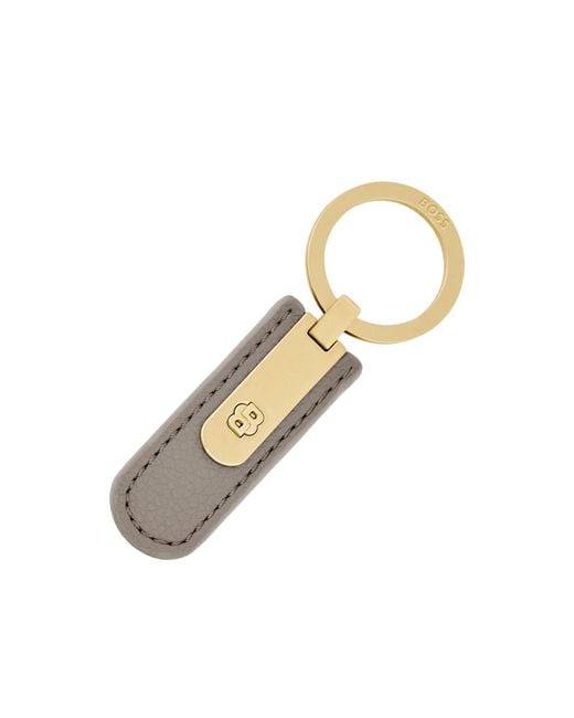 Boss Metallic Grained Taupe Key Ring With Golden Double B Hardware