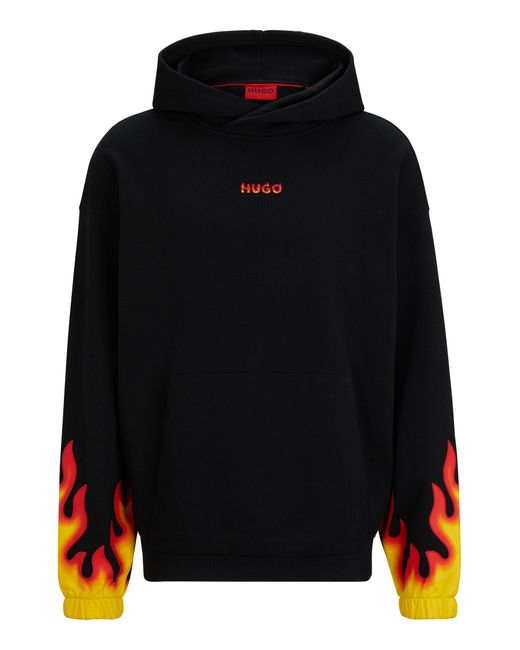 HUGO Black Cotton-terry Hoodie With Puffed Flame Logo for men