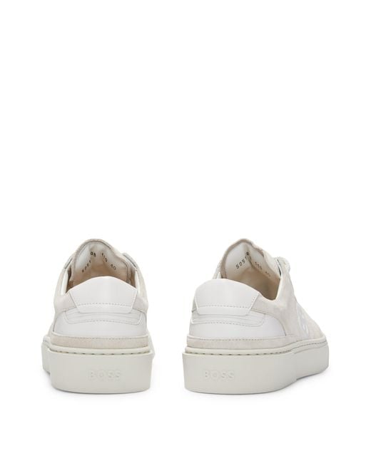 Boss White Leather Lace-up Trainers With Suede Trims
