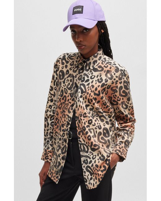 HUGO Multicolor Oversized-fit Blouse In Leopard-print Twill