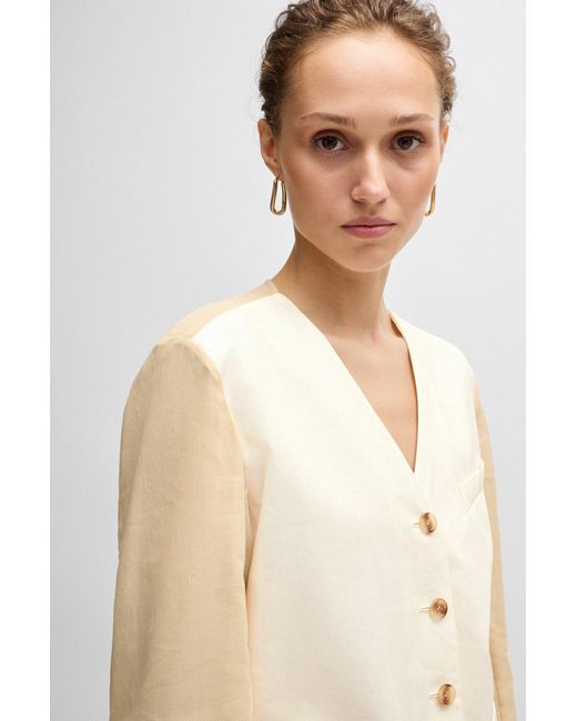 Boss White Mixed-material Button-up Jacket With Cotton Sleeves
