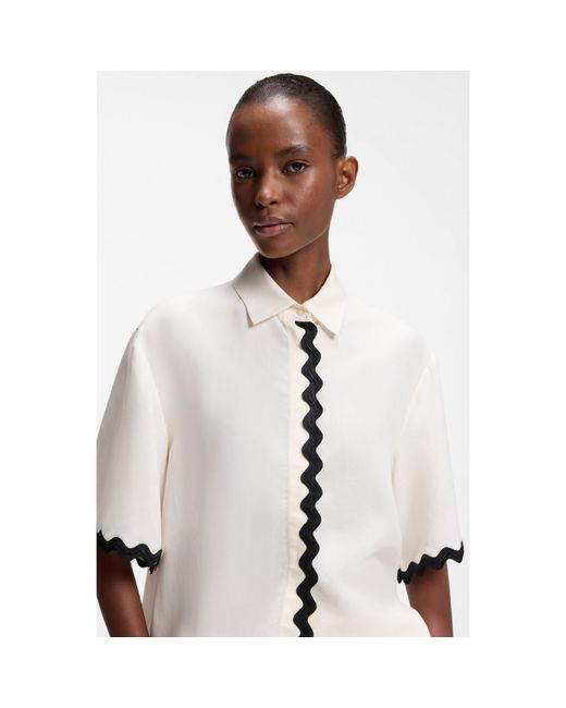 HUGO White Relaxed-Fit Blouse With Contrast Zigzag Tape