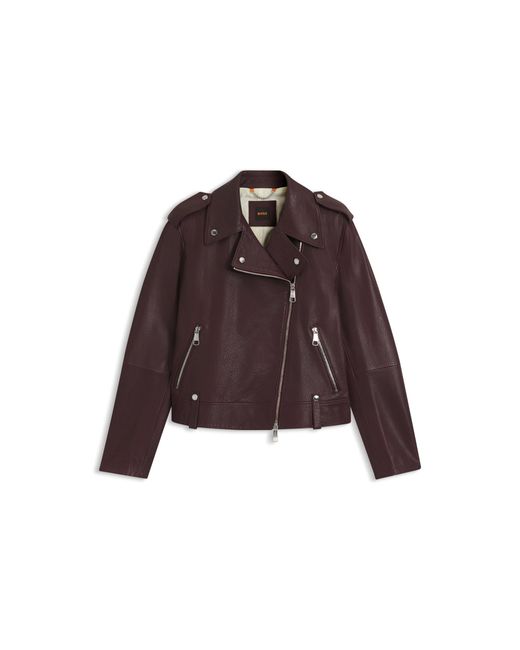 Boss Brown Grained-Leather Biker Jacket With Zips And Studs