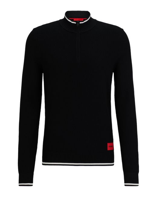 HUGO Black Zip-neck Sweater With Red Logo Label for men