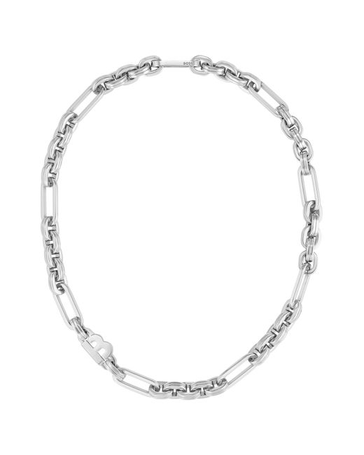 Collier à maillons polis avec élément monogramme Boss en coloris White