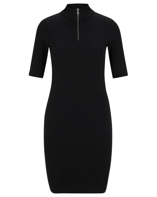 HUGO Black Zip-neck Dress In Stretch Jersey With Stacked Logo