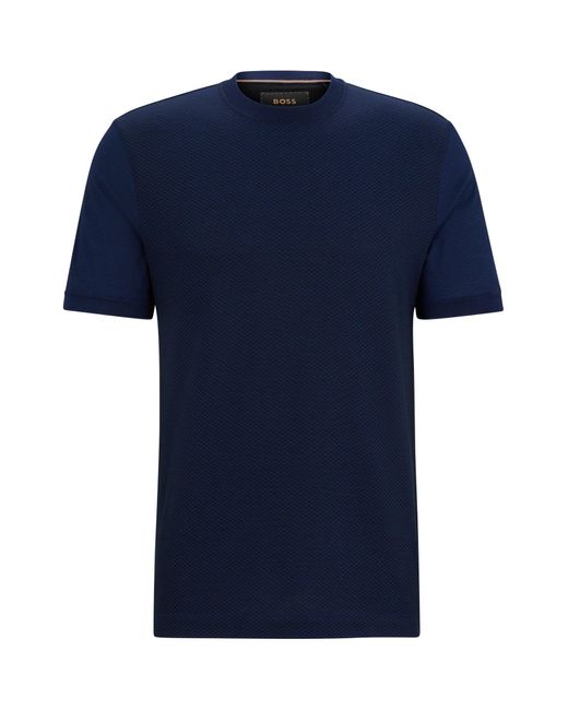 Boss Blue Cotton-silk Regular-fit T-shirt With Mixed Structures for men