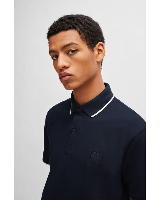 Boss Blue Slim-fit Polo Shirt In Washed Stretch-cotton Piqué for men
